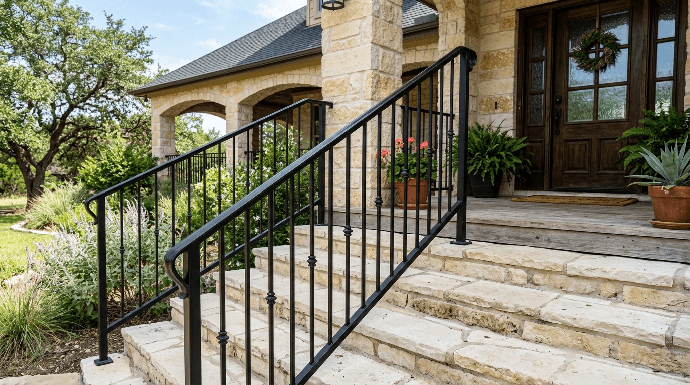 Black steel stair railing with a round handrail and vertical balusters on stone porch steps